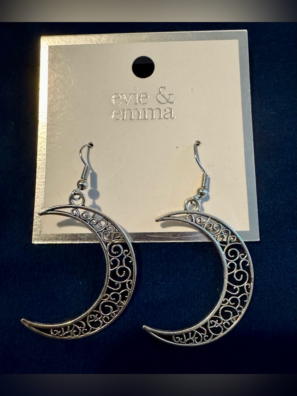 Evie & Emma Silver Filigree Crescent Moon Dangle Earrings